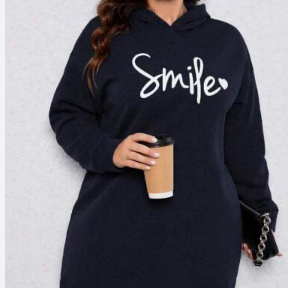SHEIN Dark Blue Hoodie Fleece 'Smile' Logo & Heart Kangaroo Pocket Dress